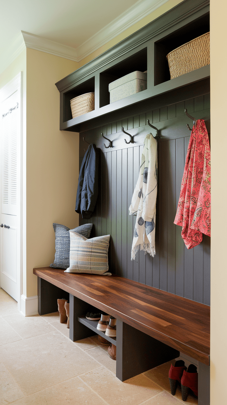 A cozy entrance with a butcher block, storage basket and hooks for coats.