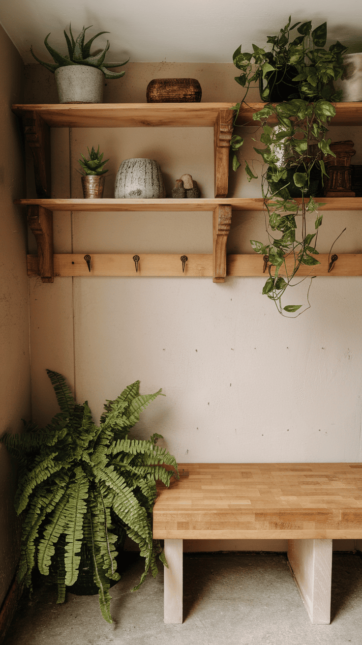 A cozy interior with a butcher -block table and open wooden shelf with plants and decoration