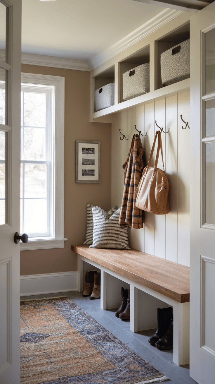 A cozy entrance with a block block bench, hook for coats and decorative pillows.