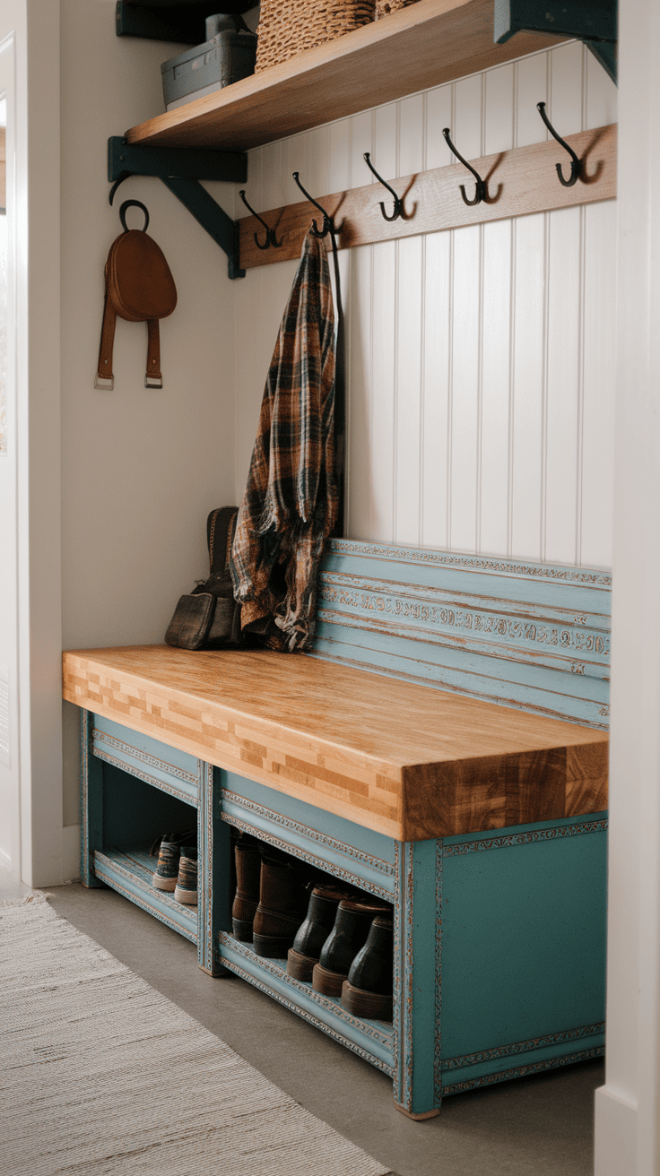 A two-color butcher block bench with a painted base that shows a warm wooden top and a lively blue base, perfect for inputs.