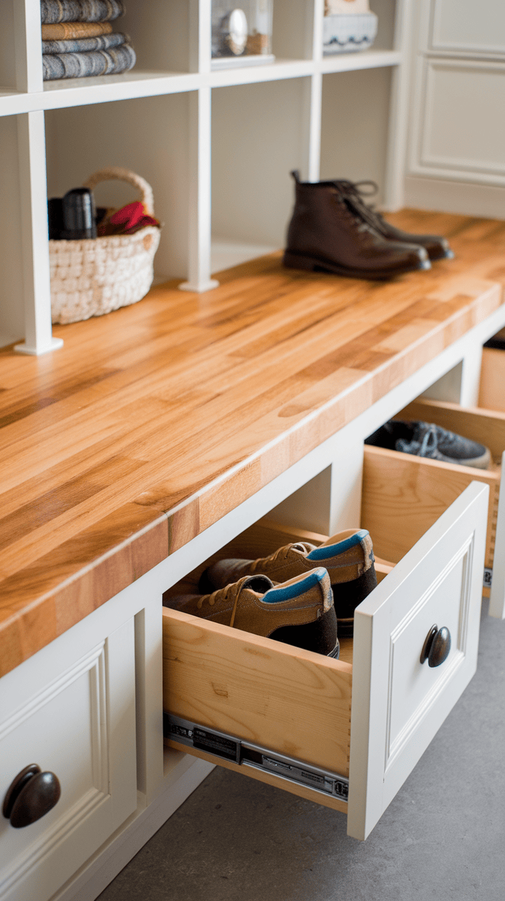 A multifunctional butcher block with built-in drawers with neatly arranged shoes and decorative objects.