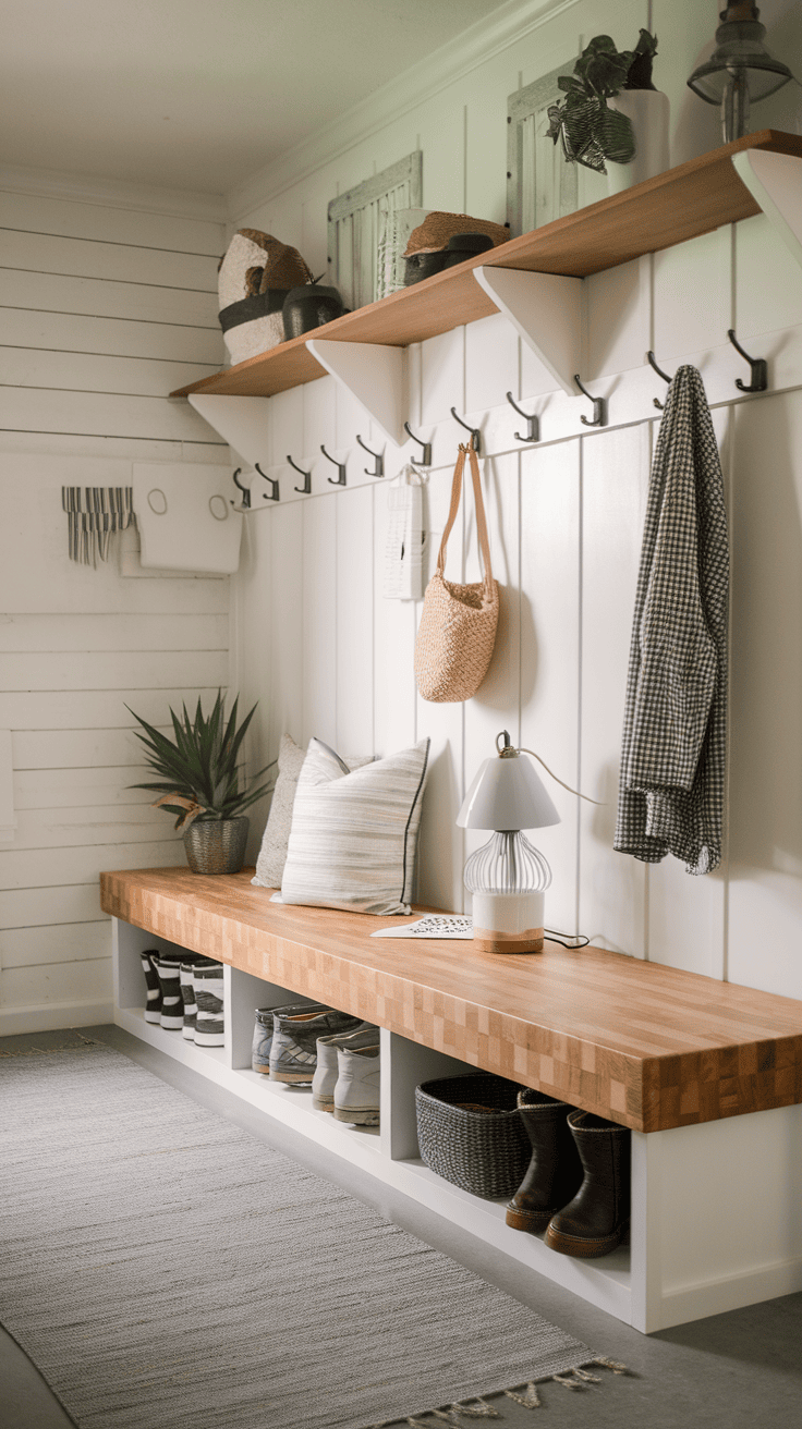 A cozy mud room with a block block bench, hook for coats and a warm color scheme.