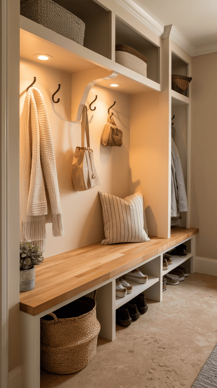 Cozy entrance with a block block bench, neutral accents and storage solutions.