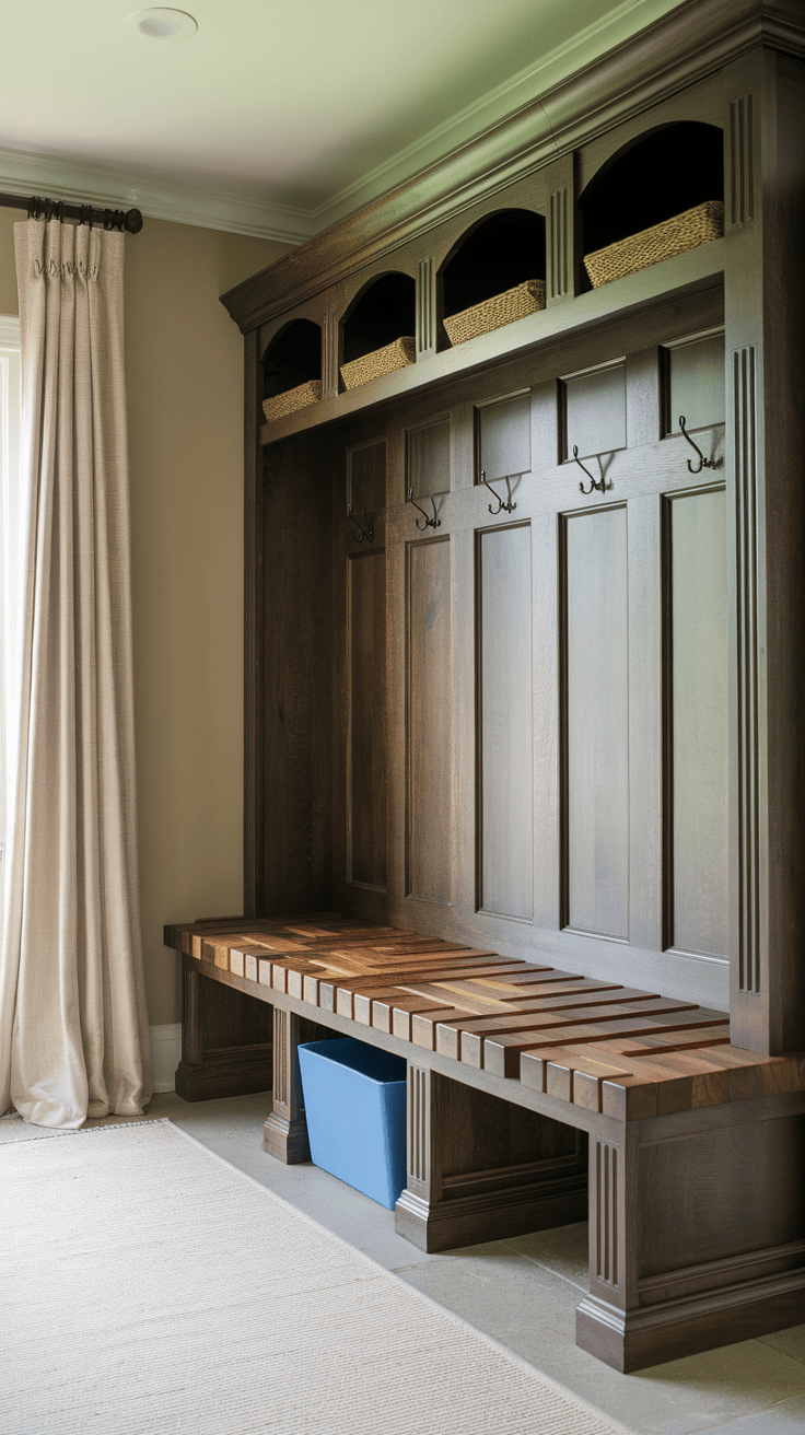 Custom Metzger Block Mudroom Bank with storage and hooks in a stylish entrance.