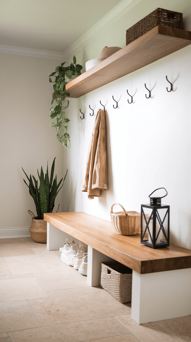 A minimalist mutroom bench with a butcher block, hook and decorative plants.