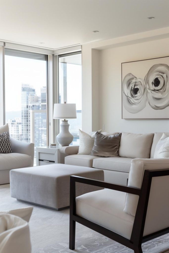 Slim lines define the furniture that is set against a palette of soft shades of gray and creamy whites. Each piece contributes to the zen -like ambience of the room.