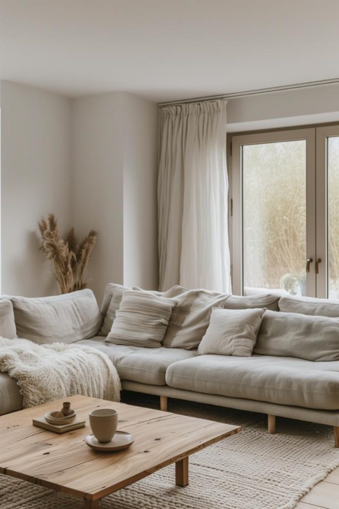 Light wood tones, a soft, dove gray couch and fluffy white decorative pillows embody the Scandinavian minimalist style. Airy textiles enable natural light to emphasize the simplicity of the room.