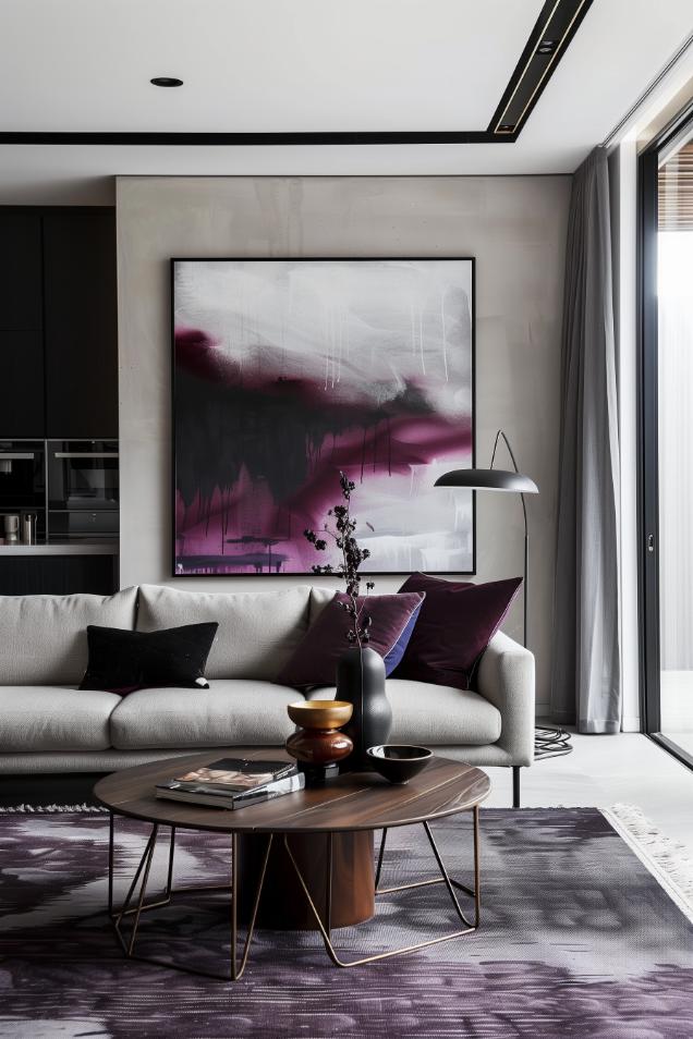 A single bold artwork makes an explanation against the monochrome background. Furniture is understated so that the art is the focus.