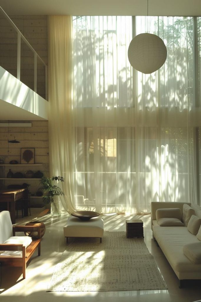 Scissors curtains diffuse the sunlight and throw a peaceful glow through the room. The furniture is minimal and reinforce the pure harmony and lightness of the room.