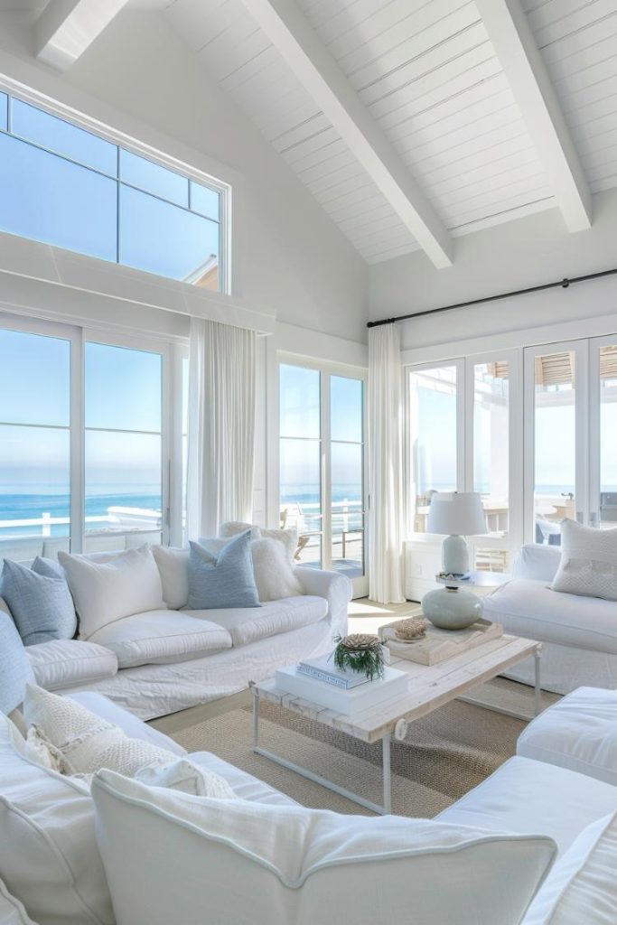 Hinting of blue in the middle of white furniture are reminiscent of an oceanic atmosphere in the minimalist environment. The room is curated to feel like a hint of fresh, salty air.