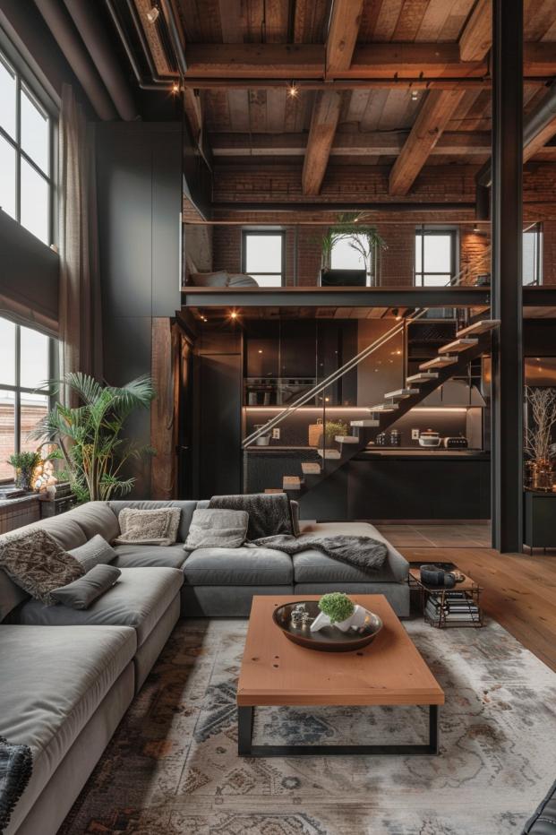 Raw, exposed materials are alleviated by plush textiles. The living room is characterized by an industrial chic concept and combines minimalism with urban textures.