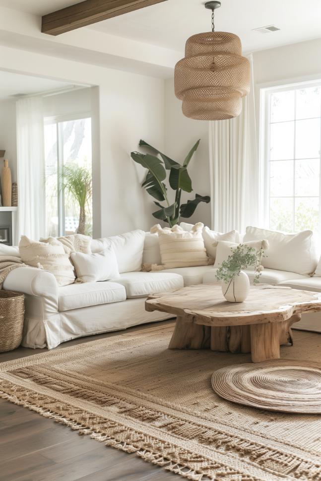 Bohemian flair snacks see through woven baskets and subtle plant life. But everything is kept simple and optimized. This living room presents a minimalist setting with a turn of free -spiritual character.