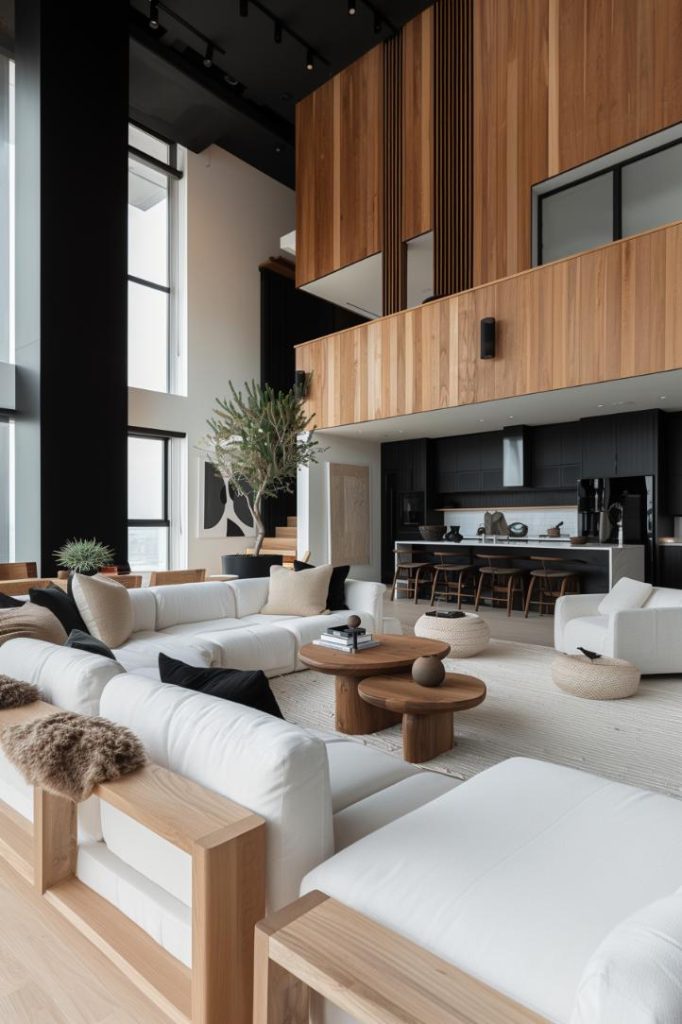 A strong black, white and wood color scheme creates crispy clarity. The room feels both grounded and weightless, a license plate for minimalist design.