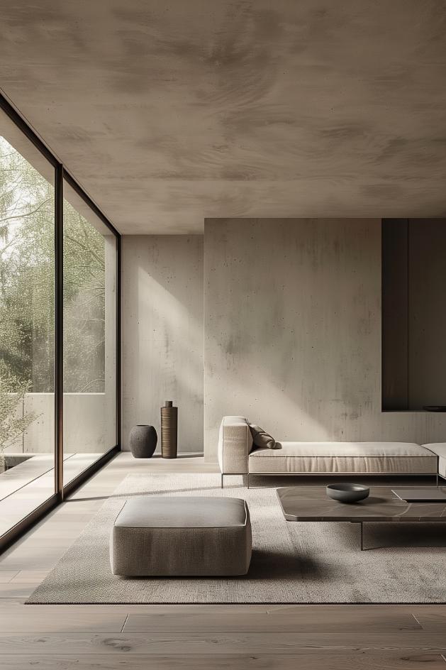 The room unleashes minimalist control of balance and shape. The precision of the furniture placement of the few subdued pieces reflects the inherent architectural symmetry of the room.