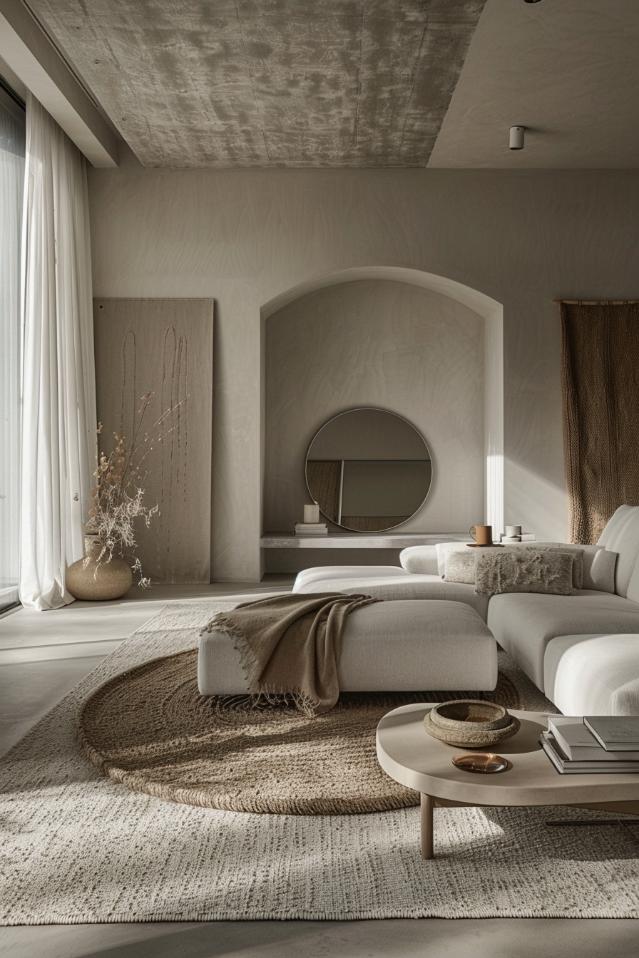 A plush carpet and a soft threshold are embedded between minimalist furniture and add a dose of cosiness. The room remains released and includes comfortable minimalism.