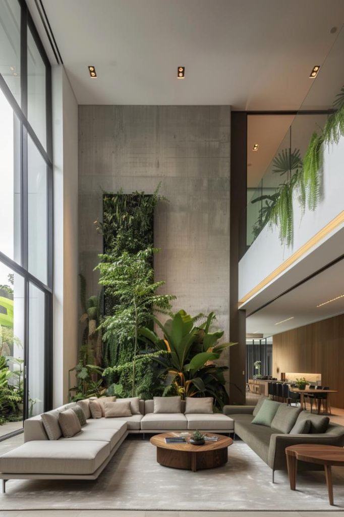 Organic materials and a single green plant bridge the gap to nature. The inclusion of clean greens interwoves a feeling of calm into the minimalist living room.