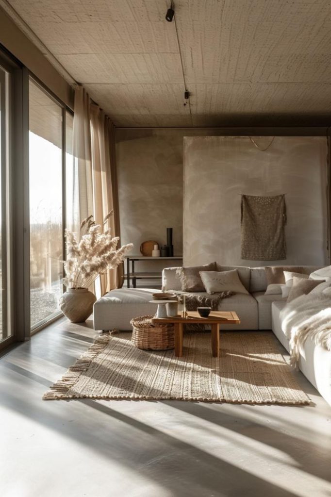 Textures layer subtly in the form of throws and carpets against a background of minimalist furniture. It is a sensory experience without visual overload.