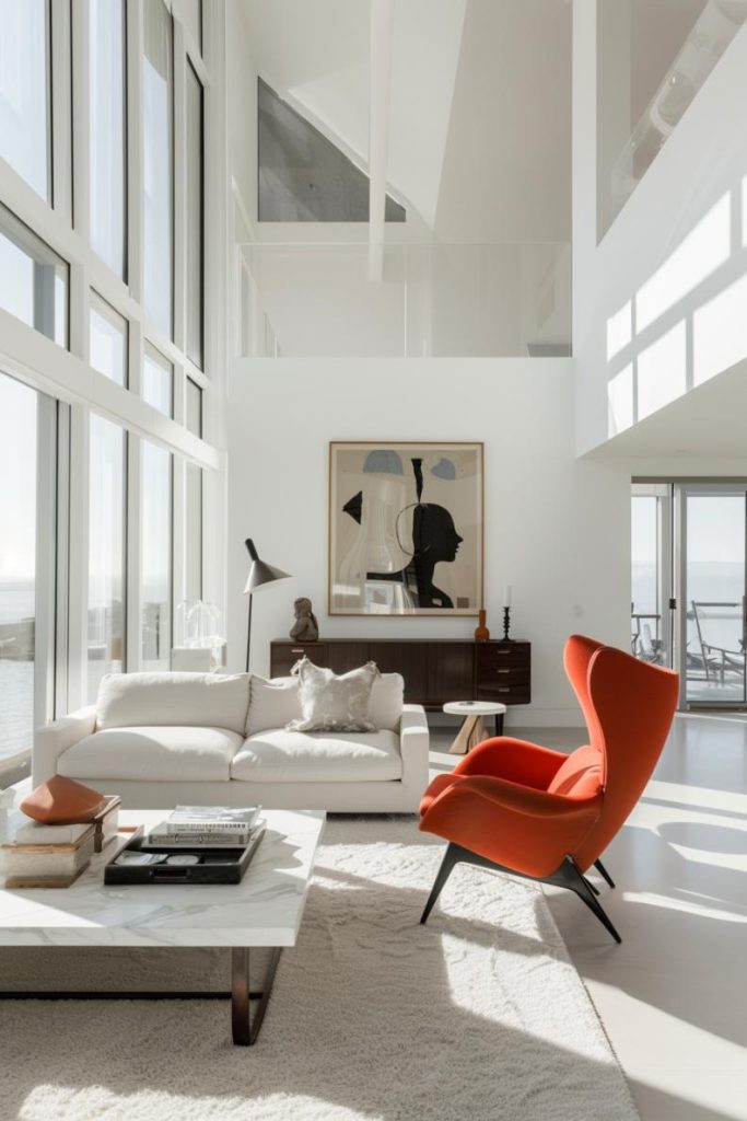 A single, lively chair in the middle of white and gray tones calls a bold minimalism. It serves as a unique anchor point in the otherwise subdued setting.