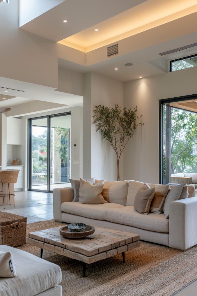 Soothing neutral offer a background to calm. The minimalist living room uses a steamed palette to promote a calming environment.