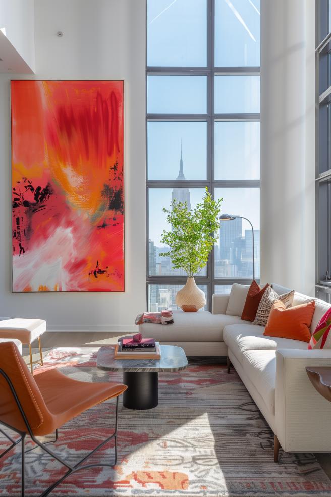 Pop's lively colors against a neutral basis give this room a dynamic but minimalist energy. It is a delicate balance between liveliness and calm.