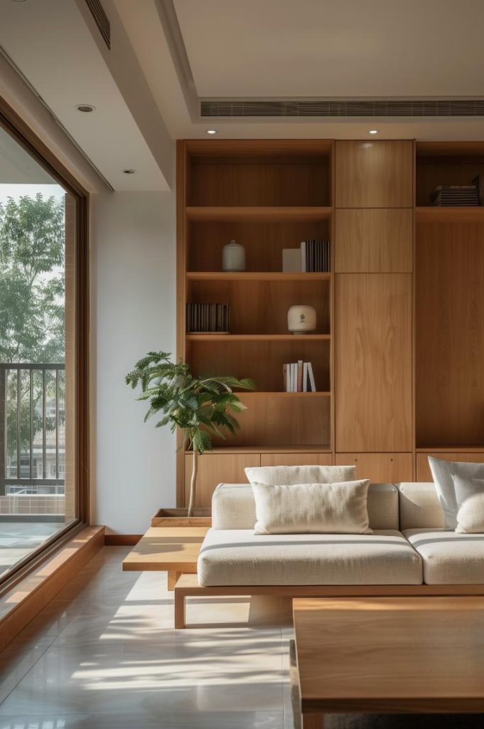 A simple couch and a coffee table complemented by a single shelf with some selected books and ornaments embodies the sparse beauty. This minimalist living room illustrates less.