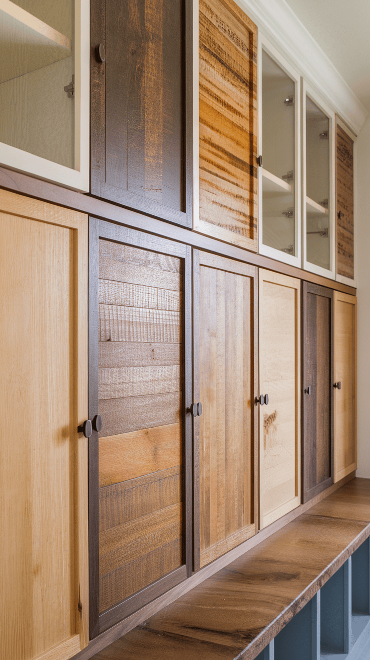 Wood cabinets with different natural surfaces and textures.