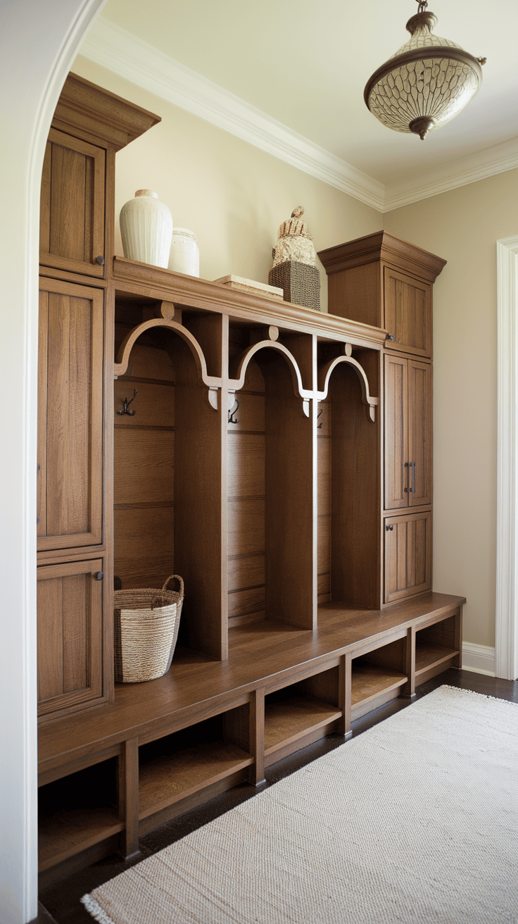 Mudroom cabinets with hooks and open shelves in an entrance.