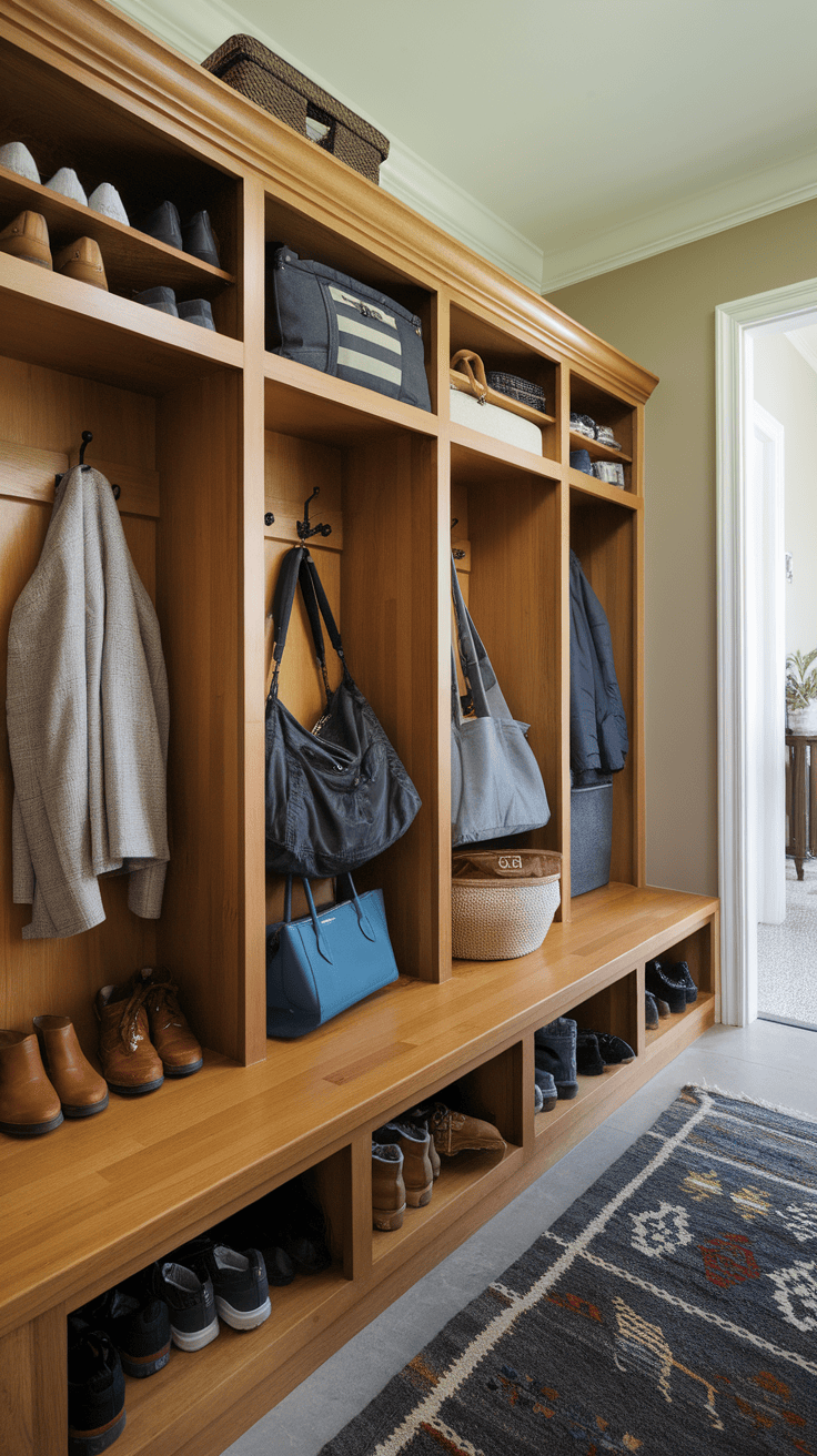 An organized input storage solution with shoe racks, hooks for bags and coats and a warm wood design.