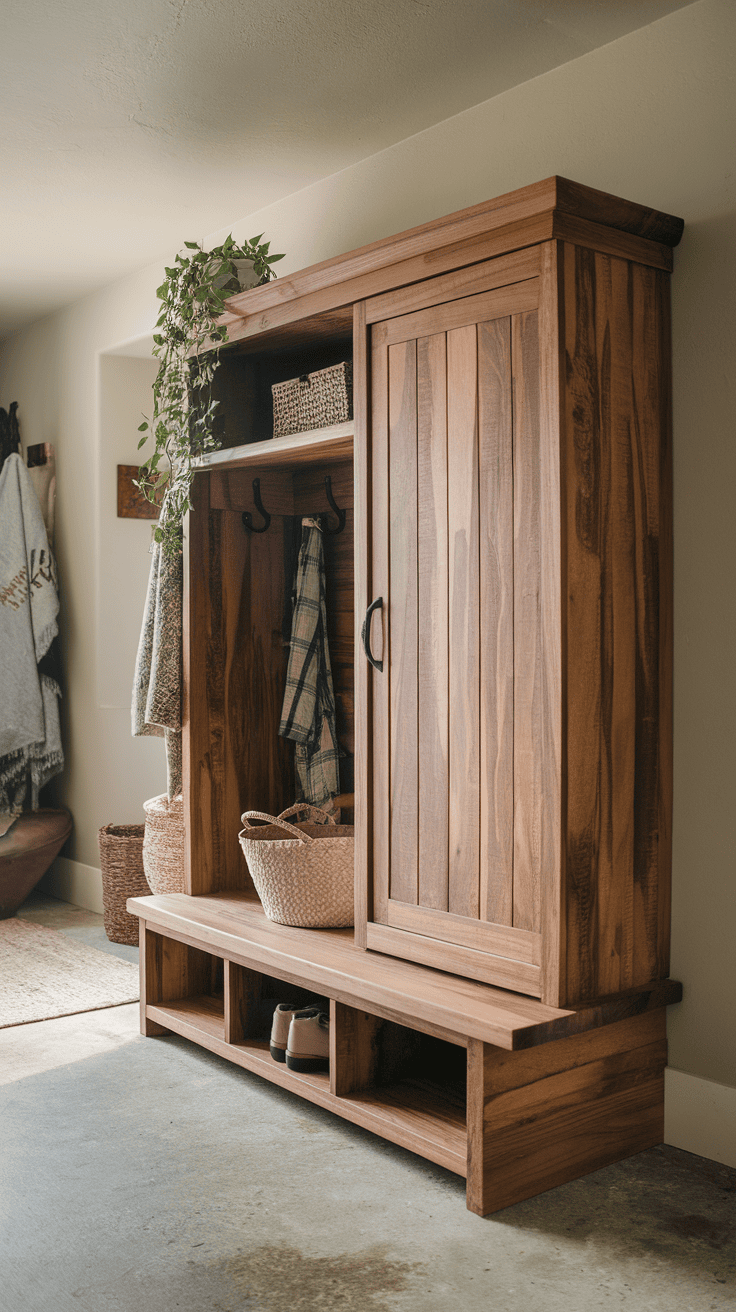 A person who cleans wooden cabinets in a mudroom with organized jackets and baskets.