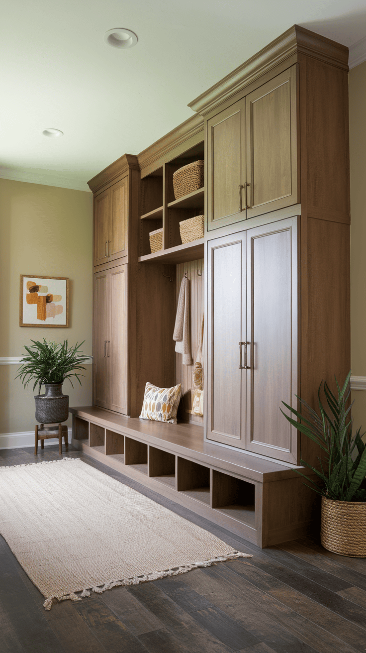 Cozy and stylish entrance with warm wooden cabinets, beige walls and natural decorative elements.