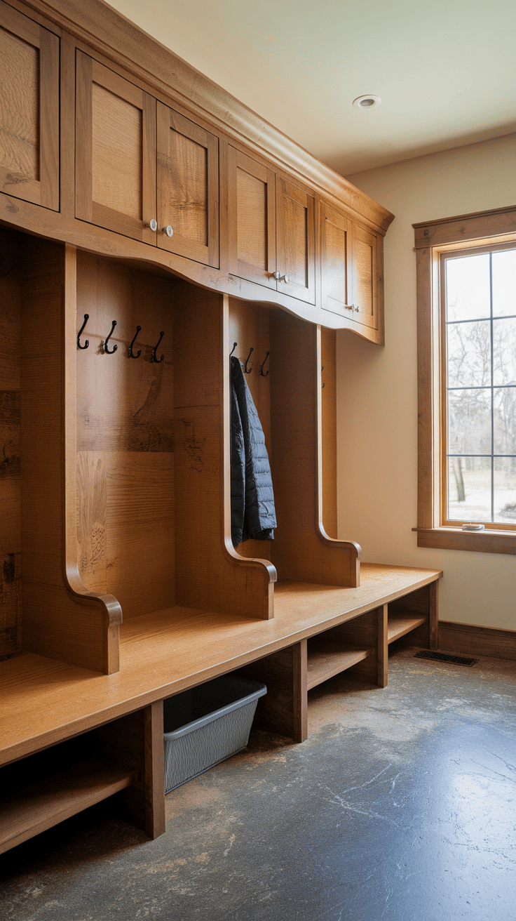 A modern mud room with wooden benches and hooks.