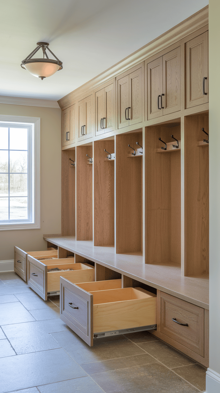 A beautifully designed mudroom cabinet with shoes, bags and hooks for storage.