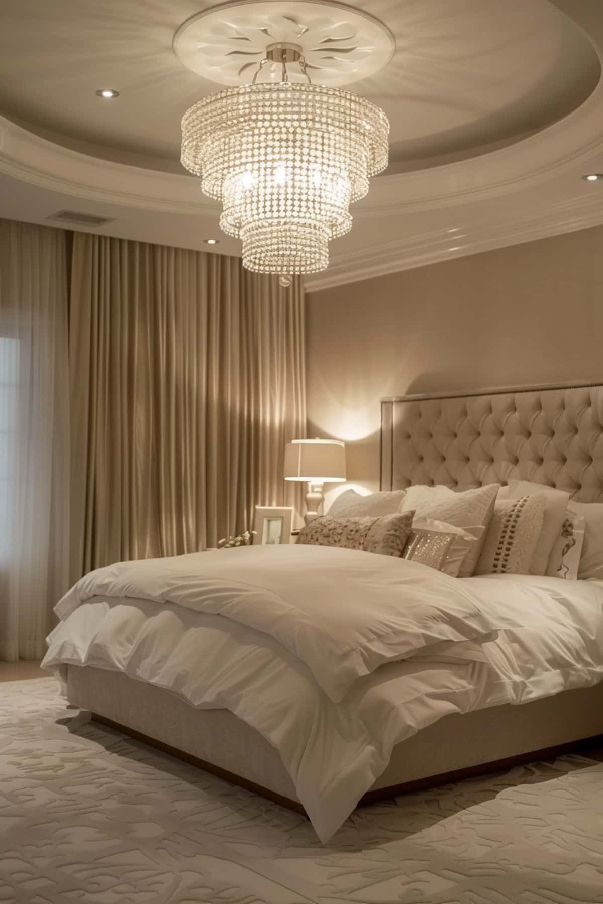 Slightly buried from a glamorous chandelier and throws a radiant glow that envelops this bedroom in opulence and luxury.