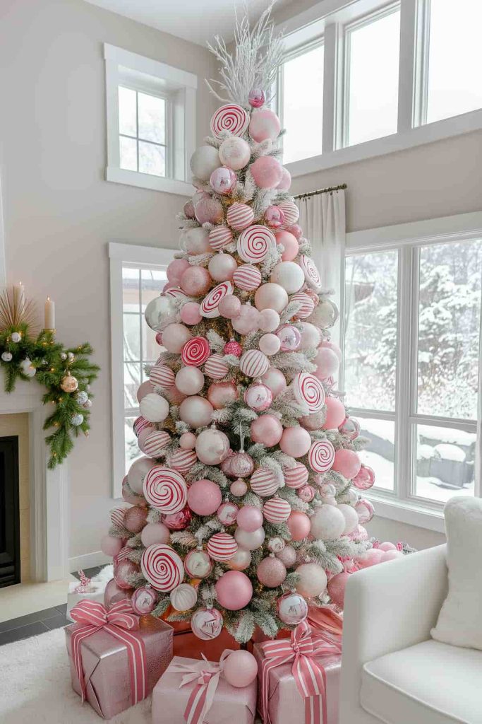 A Christmas tree decorated with pink and white ornaments stands in a living room. The base of the tree is surrounded by wrapped gifts. Snow can be seen through the large windows behind the tree.