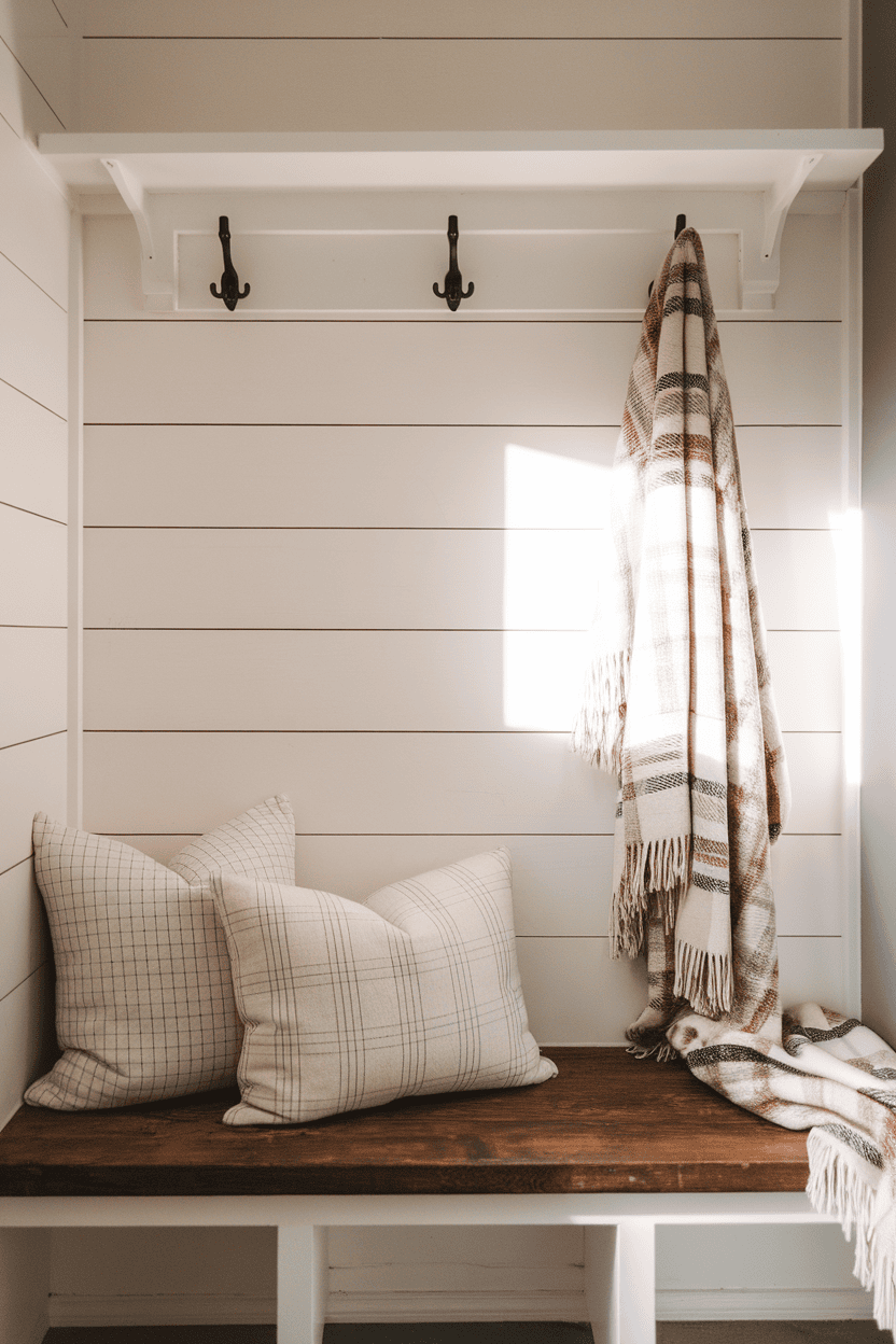 A cozy mud room with shipap walls, a built-in bench with pillows and hooks for hanging objects.