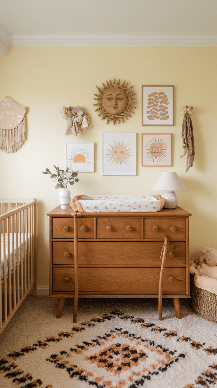 A cozy children's room corner with natural wooden furniture, decor and plants in a sun theme.