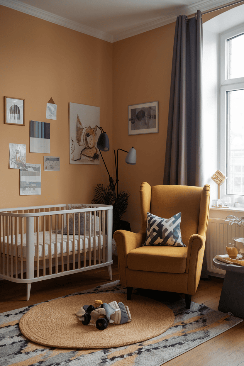 A mustard yellow accent chair in a child's room with a crib and cozy furnishings.