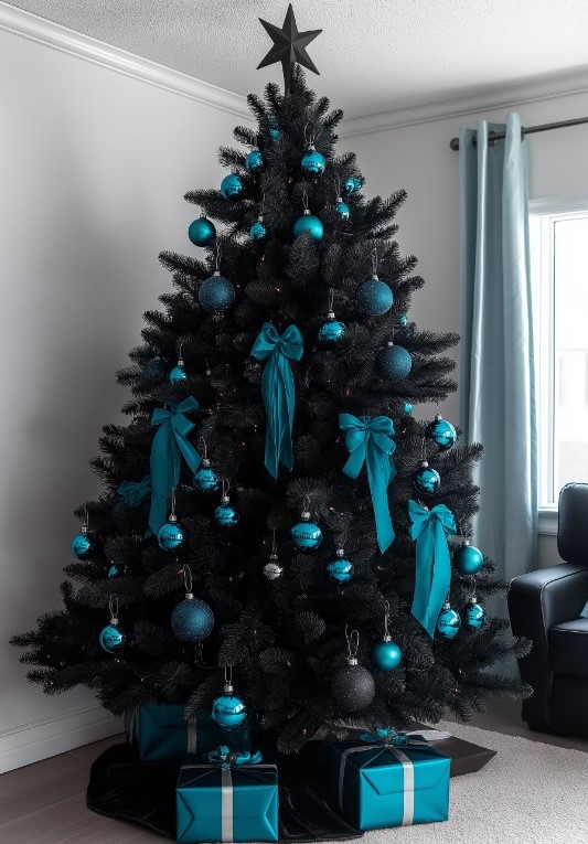 A black Christmas tree decorated with blue ornaments and bows stands in a living room. Gifts wrapped in blue and black paper are placed under the tree.