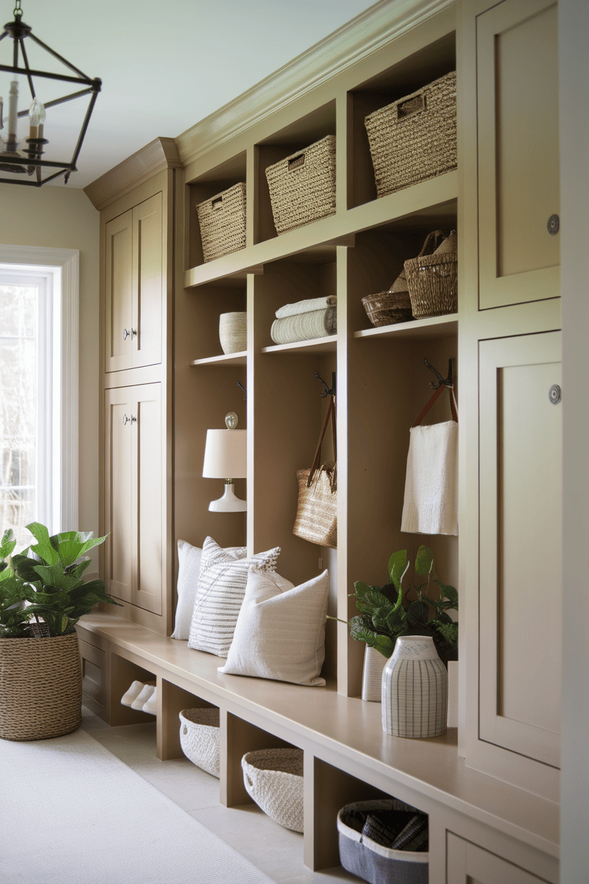 Stylish mutroom with cupboards and organized storage