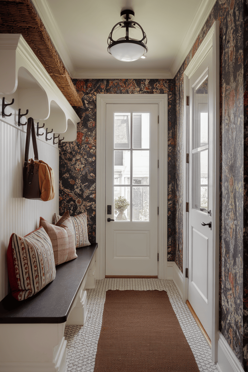 A narrow mud room entrance with flowers, a bank and a door that leads outside.