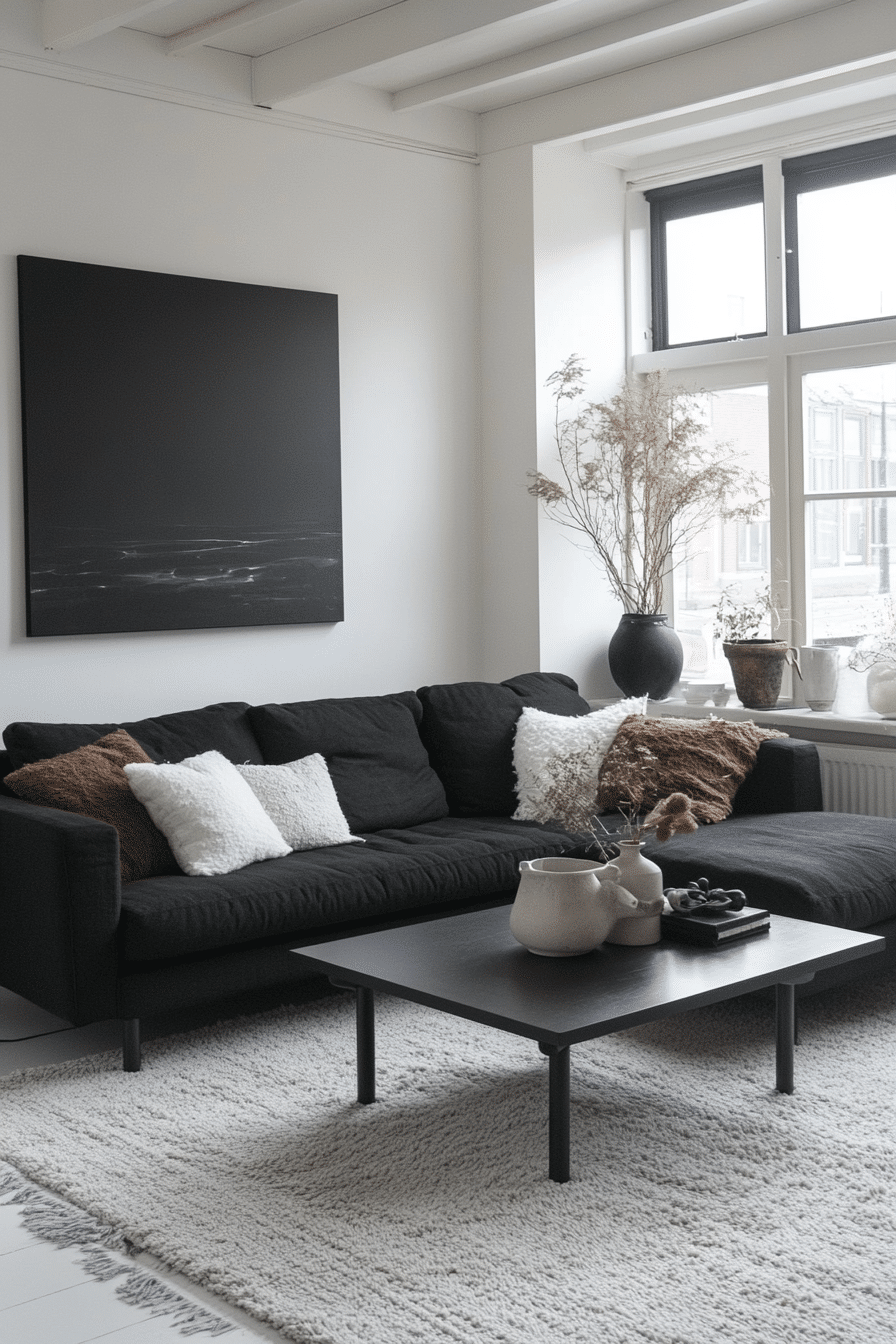 Living room with black couch