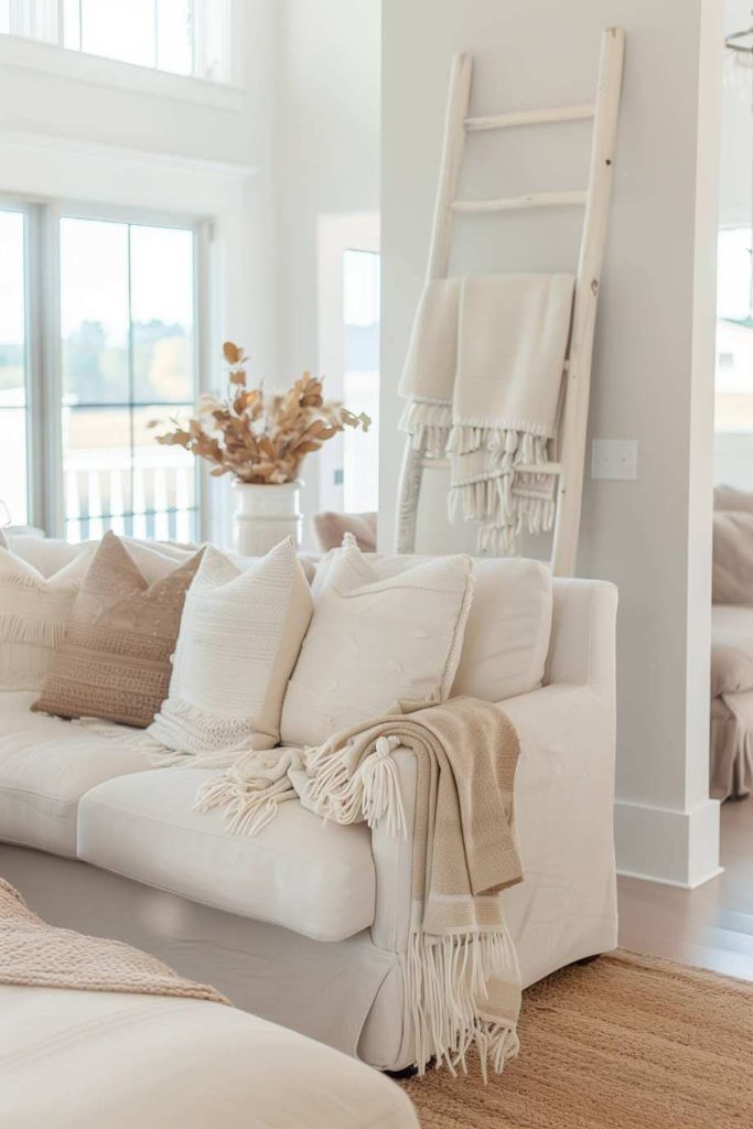 A white sofa with beige-white pillows and overturns is in a bright living room. A wooden ladder with ceilings leans on the wall next to it.