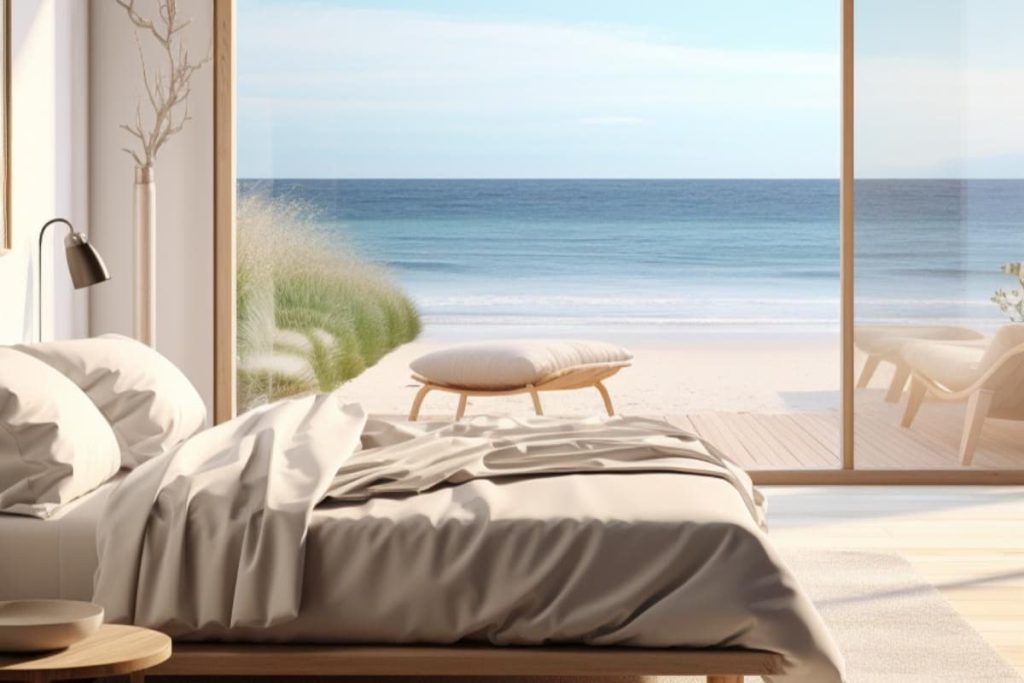 Bright bedroom with unmade bed and large glass doors overlooking a quiet beach with calm waves. The outdoor wooden terrace features a lounge chair and plants that combine indoor comfort with outdoor tranquility.