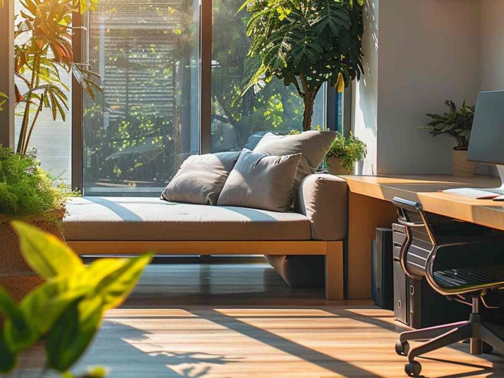 An office with gray cushions of a daybed, an elegant light wood desk and a compact chair