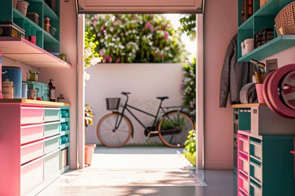 A neat and colorful garage interior with organized shelves and cabinets opens to a bright garden area where a bicycle is parked next to a white wall decorated with green plants and flowers.