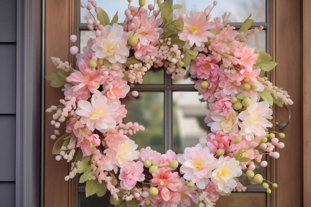 A door decorated with a wreath of pink and <a href=