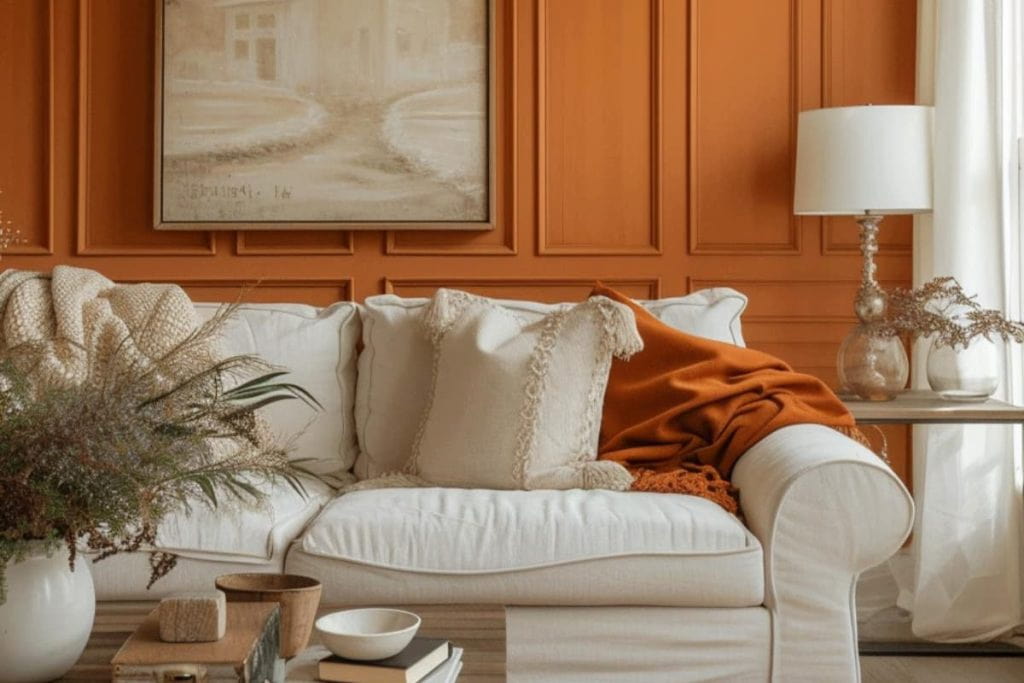 The Mediterranean flair of this living room is emphasized by paneling on light terracotta walls. 