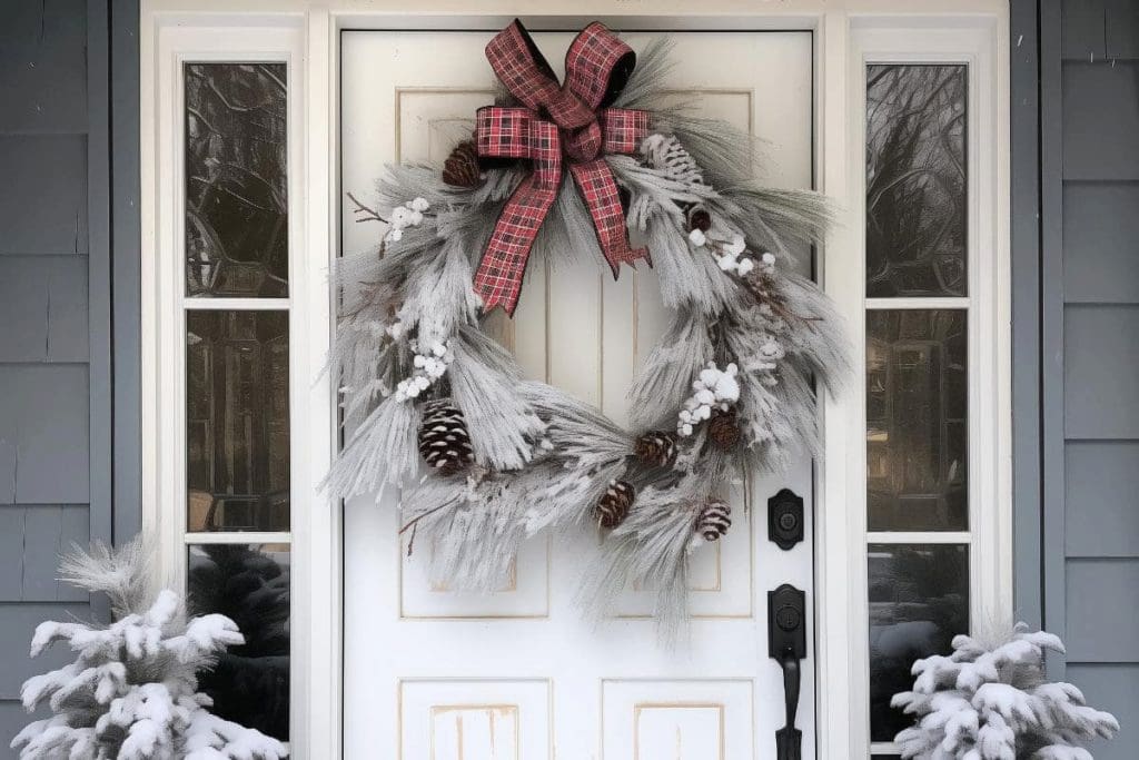 The front door is decorated with a festive wreath of pine cones, frosted branches and a red checkered ribbon. Flanked by snow-covered bushes.