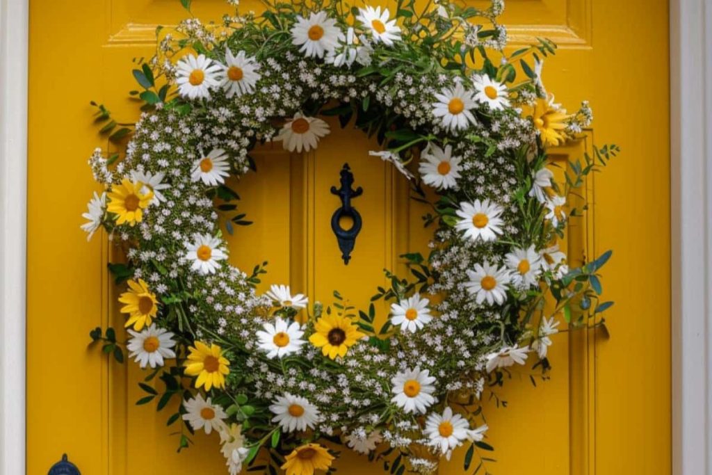 A wreath of white daisies and yellow flowers hangs on a yellow door with a keyhole-shaped door knocker.