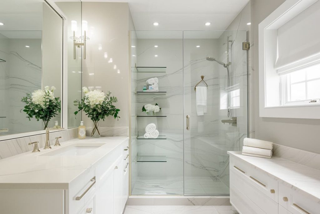 a realistic image of a glass shower area with vanity, white wooden shelves and a large mirror, the walls are painted light gray